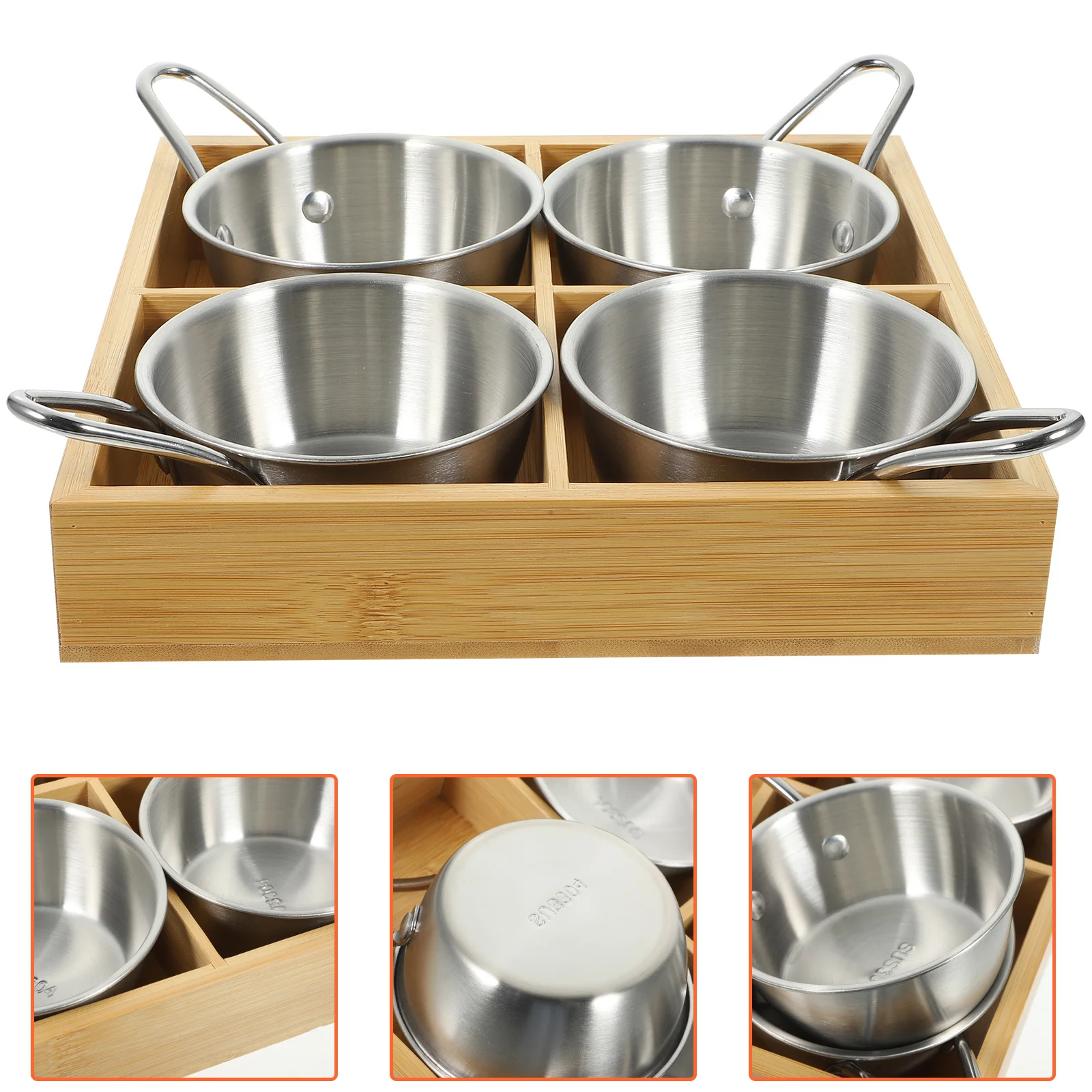 

1Set Creative 4-Grid Wooden Base Food Storage Plate Stainless Steel Divided Tray for Home Hotel Dining Serving Tray