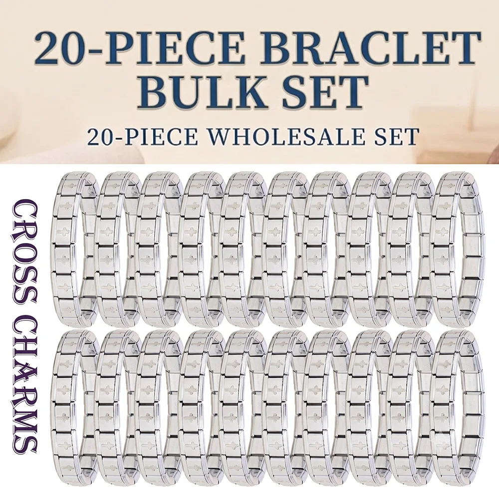Wholesale 20PCS Cross Stainless Steel Italian Charms Bracelets Bulk Lot Brushed Composable Modular Bracelet Jewelry Supplies