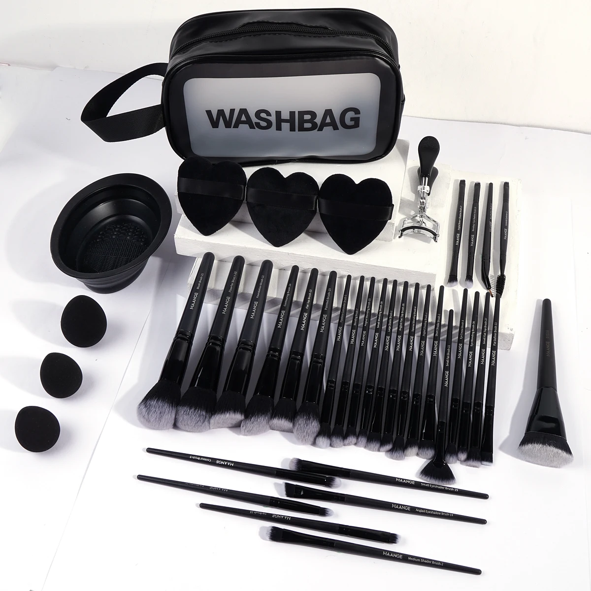 MAANGE 40pcs Makeup Tool Kit 31pcs Foundation Contour Eyeshadow Makeup Brush with Powder Puff Eyelash Curler Brush Cleaning Bowl