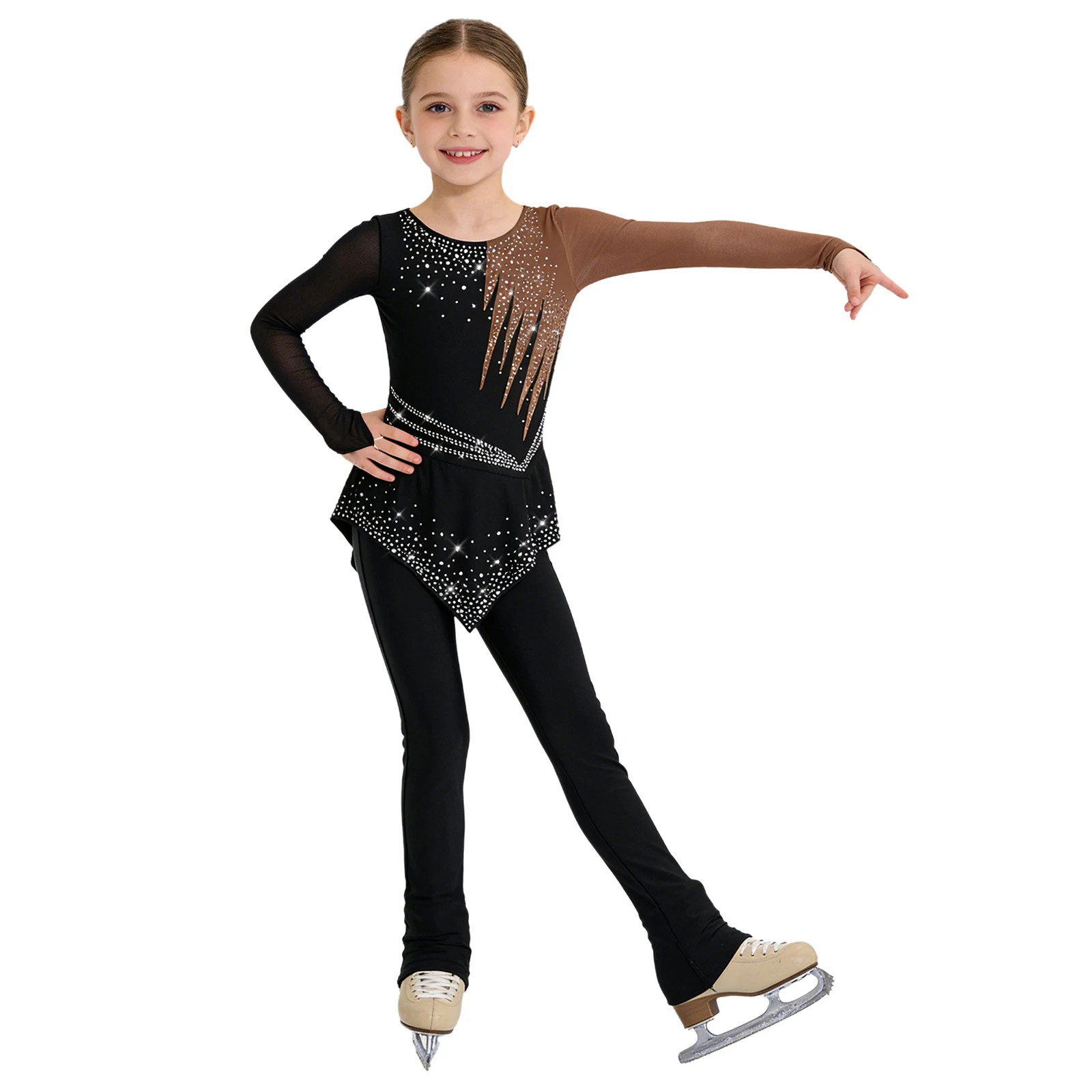 Children's Gymnastics Suit Rhinestones Ballet Dance Outfits Peplum Bodysuit Kids Girls Figure Skating Jumpsuit with Finger Holes view 4