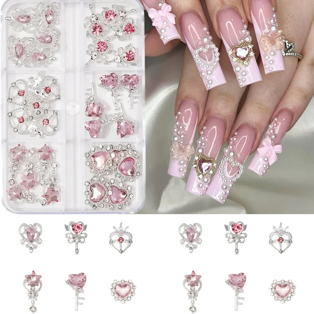 

6-Grids 30pcs Nail Rhinestones Glam Girly Love Heart Nail Charms 3D Pink Crystal Glass Gems Nail Art Decorations Accessories DIY