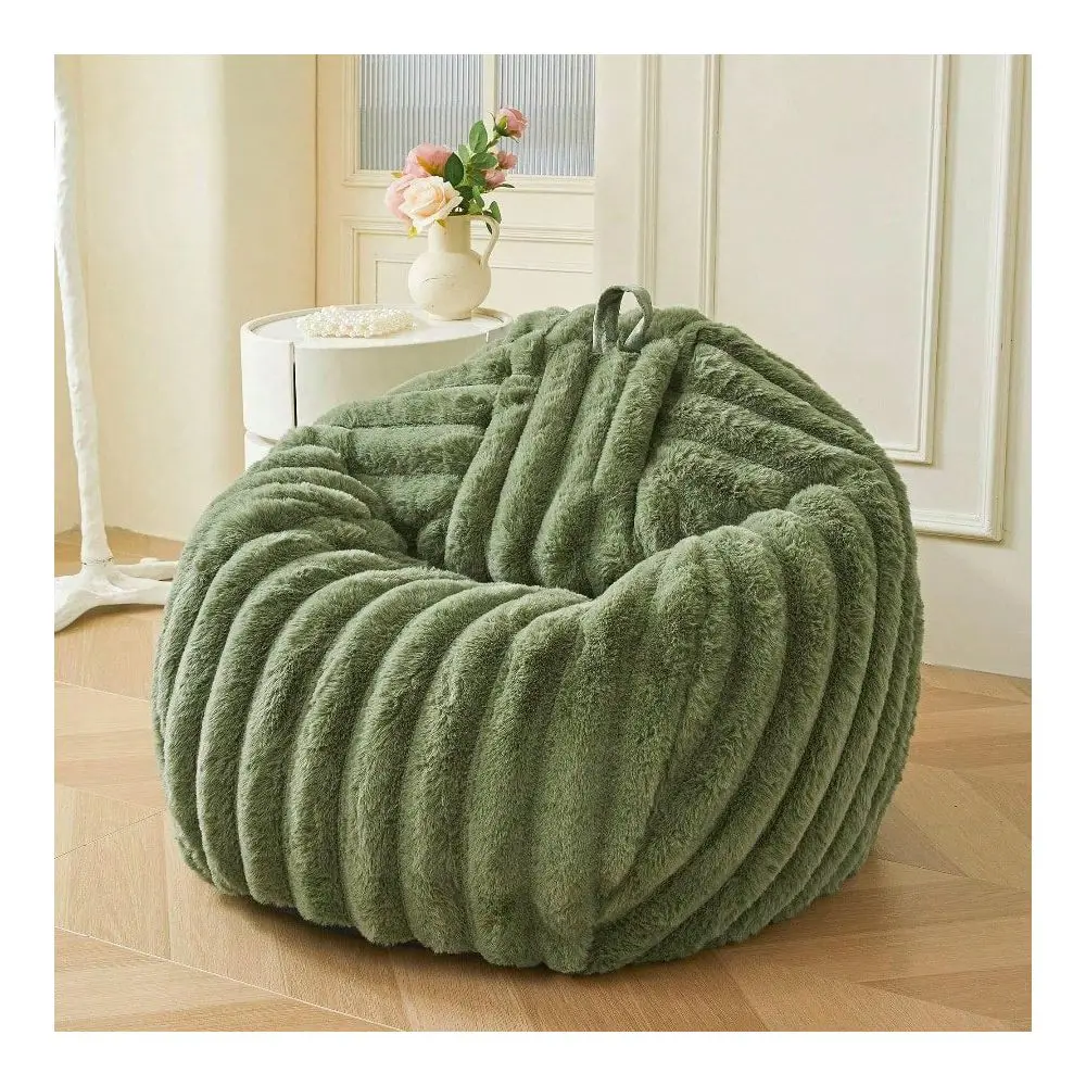 Faux Rabbit Fur Bean Bag Cover Filling Not Included Soft, IvoryColored, LongPile, WideStriped Plush Storage Bean Bag RibbedText