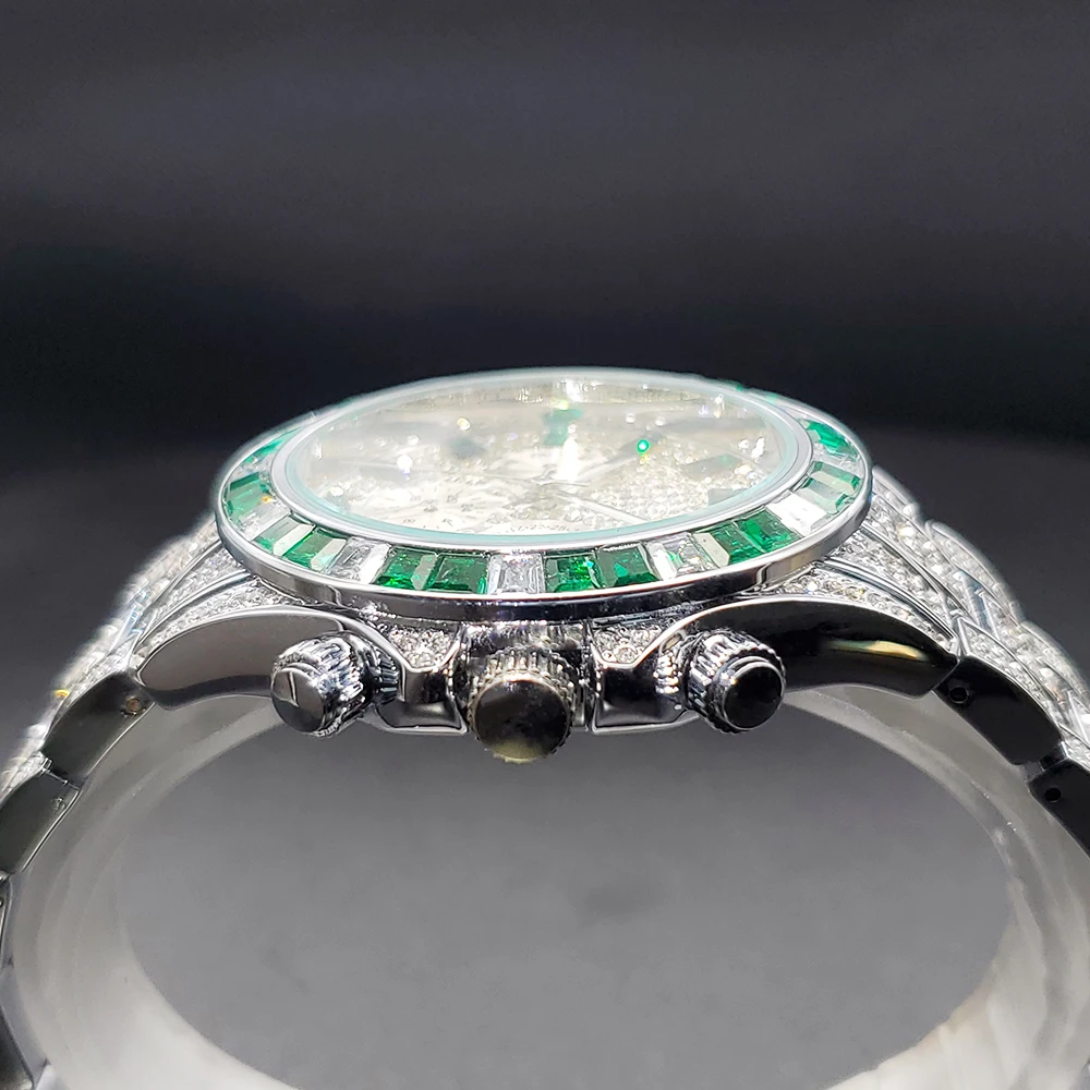 Montre à quartz verte pour homme, montres-bracelets entièrement glacées, affichage de la semaine du calendrier, diamant, Hip Hop, luxe