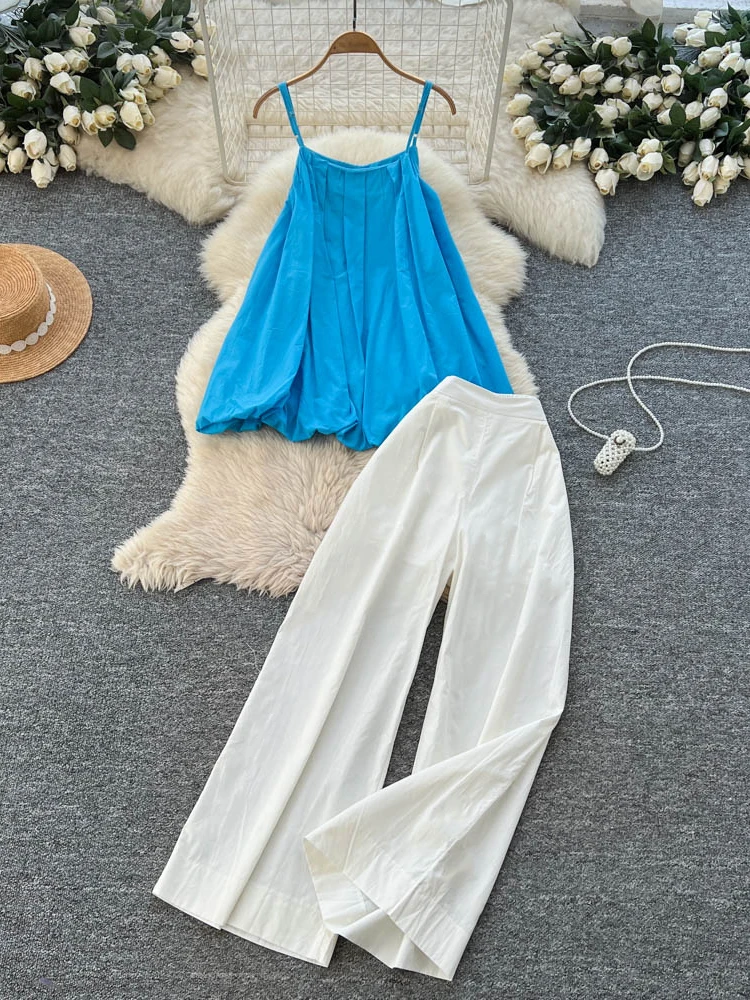 

Summer Vacation Style Women's Fashion Set Loose Wide Leg Pants And Strap Vest Two-Piece Casual Slimming Floral Print Outfit