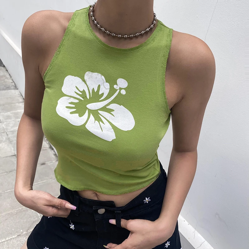 Sleeveless Women Camisole Korean Style Round Neck With Wide Shoulder Strap Flower Print Fashion Popular Crop Top Comfortable Y2k