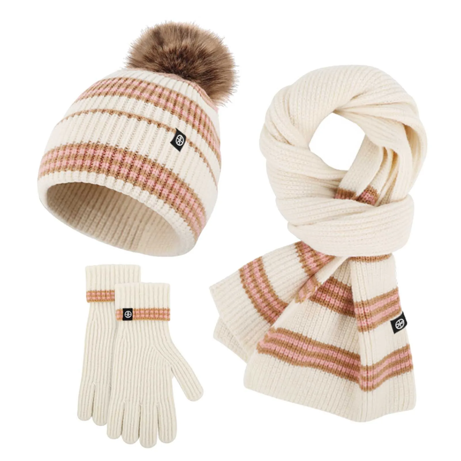 3Pcs Women Winter Beanie Hat Scarf Gloves Set Thick Warm Knit Hat with Pompom Striped Scarf Keep Warm Full Finger Mittens