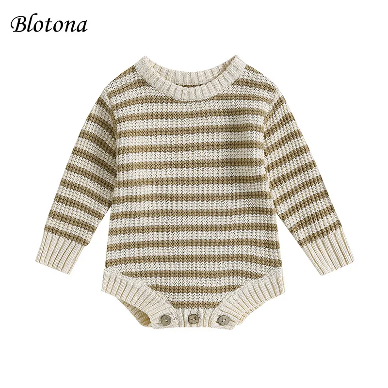 Blotona Newborn Baby Autumn Winter Striped Sweater Romper Khaki Long Sleeve Crew Neck Knitted Playsuit Bodysuit 0-24Months