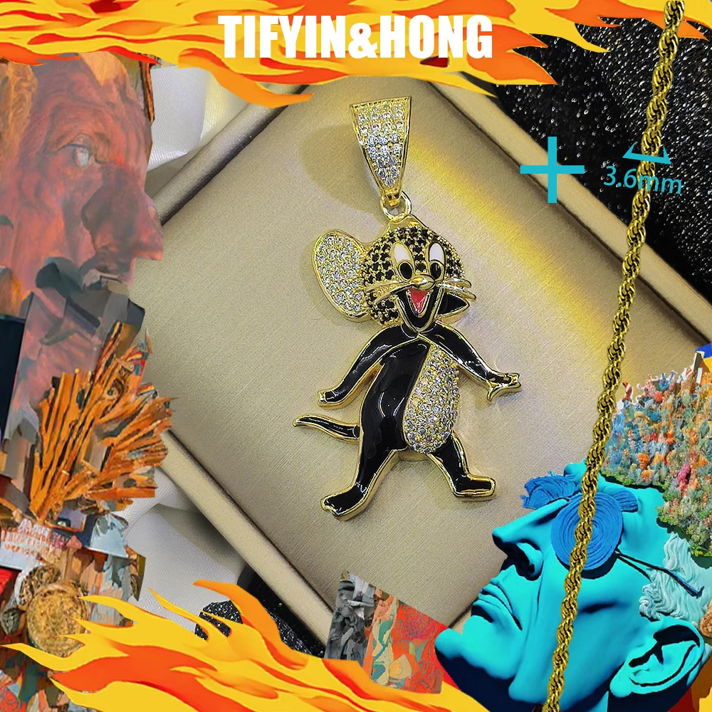 Luxury diamond cartoon character pendant paired with 18K gold-plated necklace, high-end customization, hip-hop rap decoration