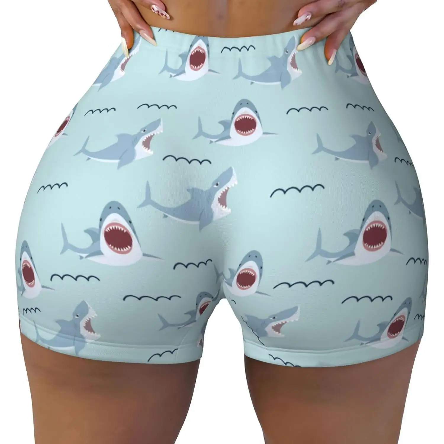 Urocze szorty sportowe damskie z motywem rekina, elastyczne spodenki do jogi, na rower, do biegania i na siłownię.
