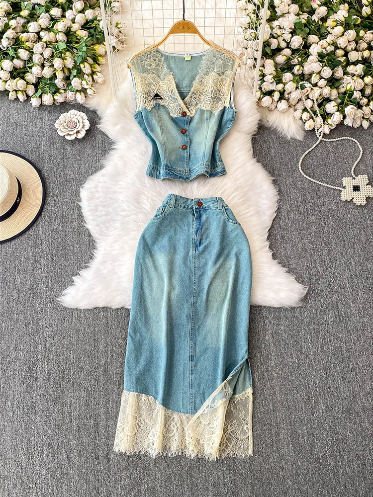 

French Style Lace Splicing V-Neck Sleeveless Crop Tops+High Waist Split Middle Length Skirt Summer Women Vintage Denim Set