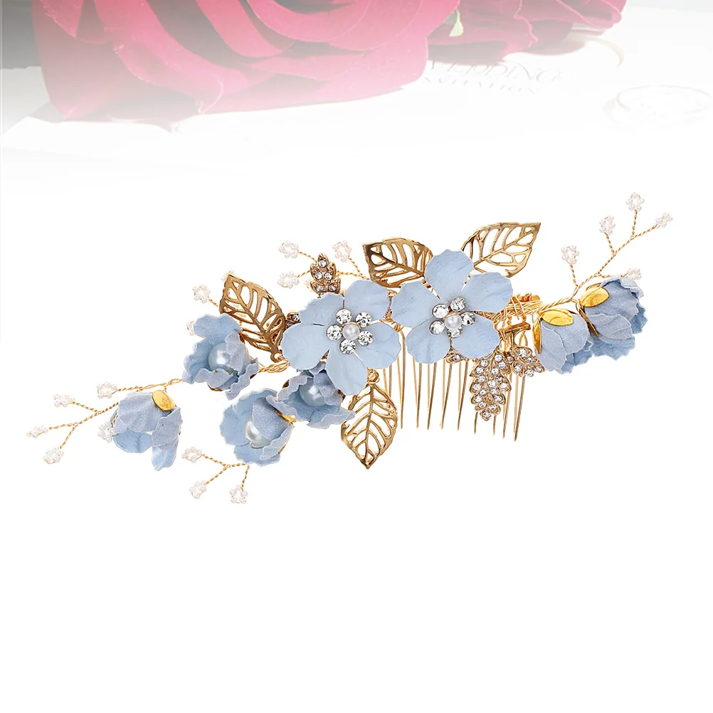 

Тканевая расческа для волос с цветком, синяя свадебная расческа со стразами и жемчугом, элегантное свадебное украшение для волос, свадебные боковые расчески