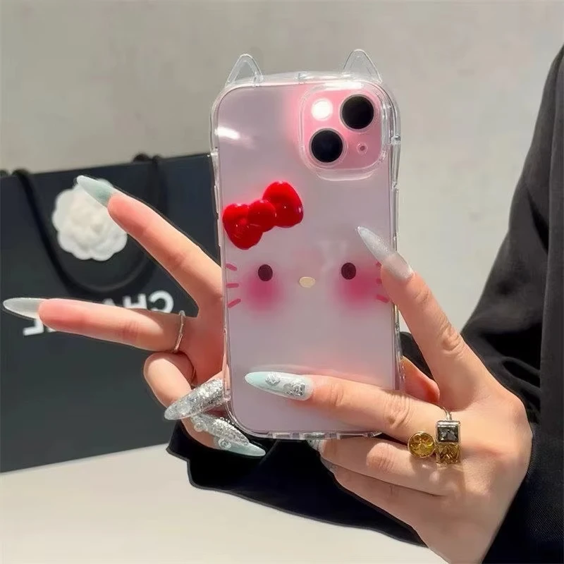 حافظة شفافة بسيطة لطيفة لأحمر الخدود Hello Kitty لهاتف آيفون 13 15 11 16 12 Pro Max 14 7 16 15 8 Plus Xr Xs X Max Se غطاء آذان قطة لطيف
