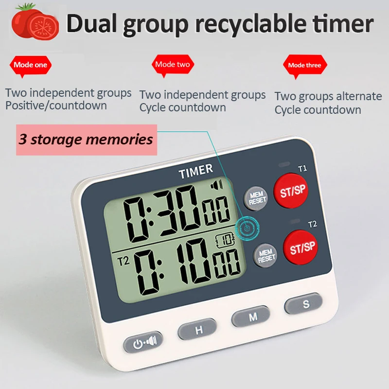 Digital Kitchen Timer Dual groups Independent/Alternating cycle timing Alarm Clock 3 Storage Memories Mute Flashing Study Clock