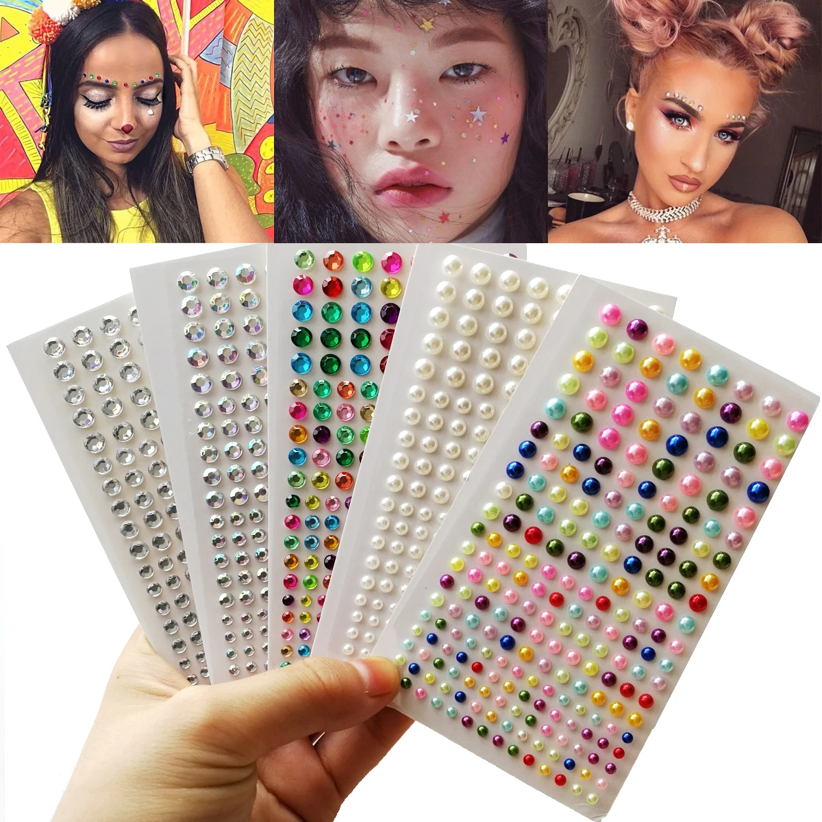 

3D Eyes Face Makeup Temporary Tattoo Self Adhesive White Pearl Jewels Stickers Festival Hair Body Art Decorations Nail Diamond