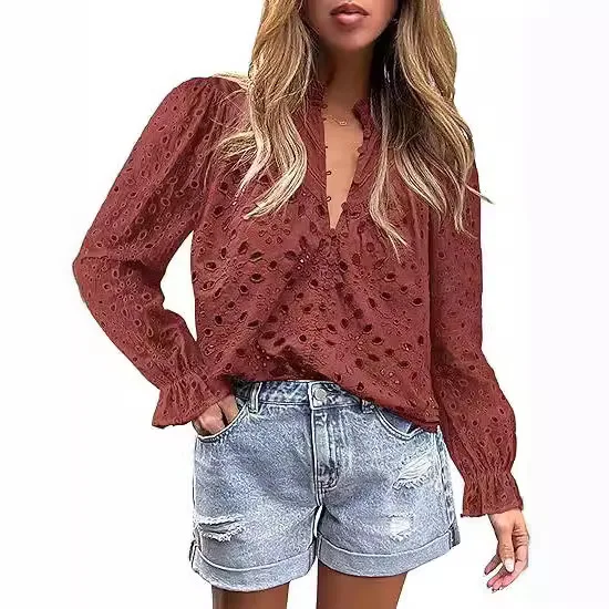 

Women's V-ne Button Hollow Lace Embroidery irt Cotton Bell Sve Long Sve Regular Length Commute Sle Faion