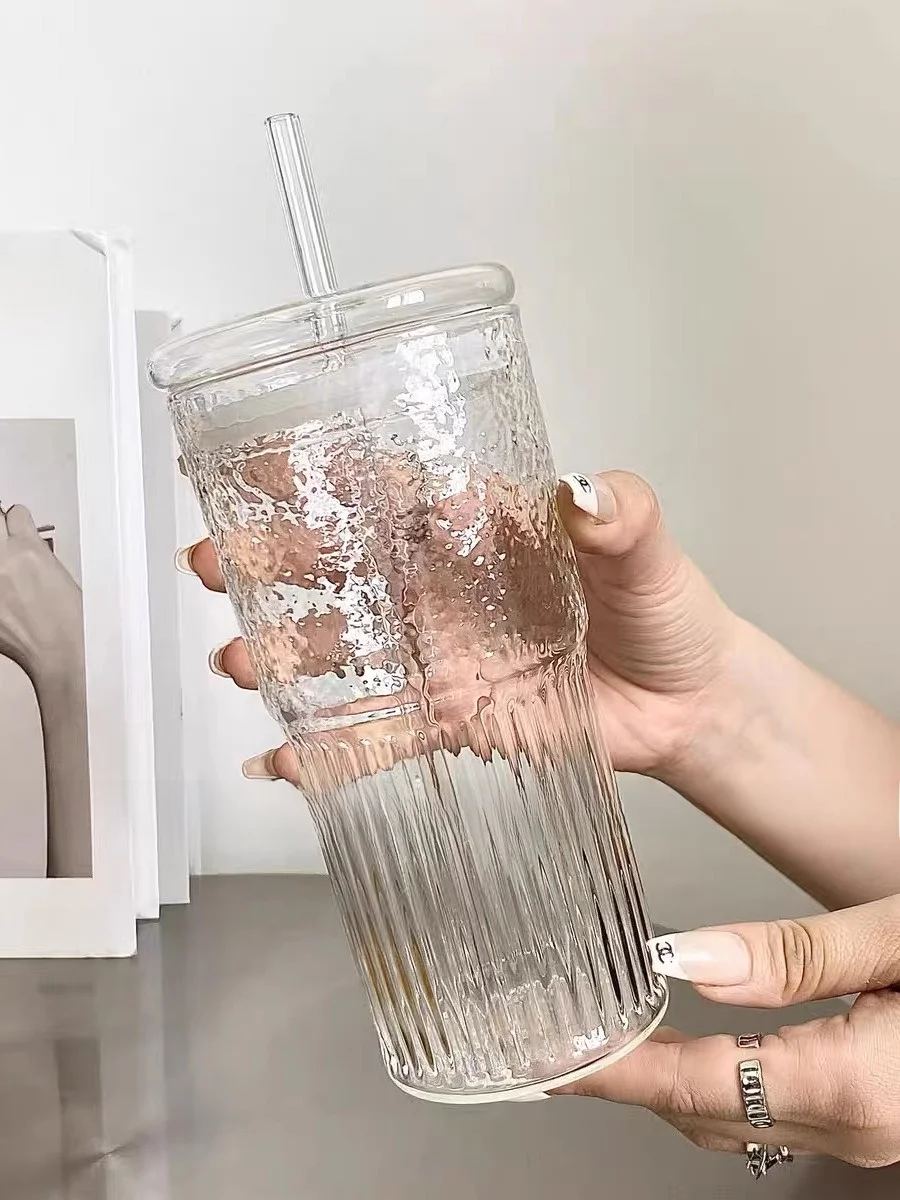 

Современный коврик, большая емкость, термостойкая стеклянная чашка St с крышкой, чашка для фруктового чая, летняя чашка для холодных напитков с вертикальными полосками