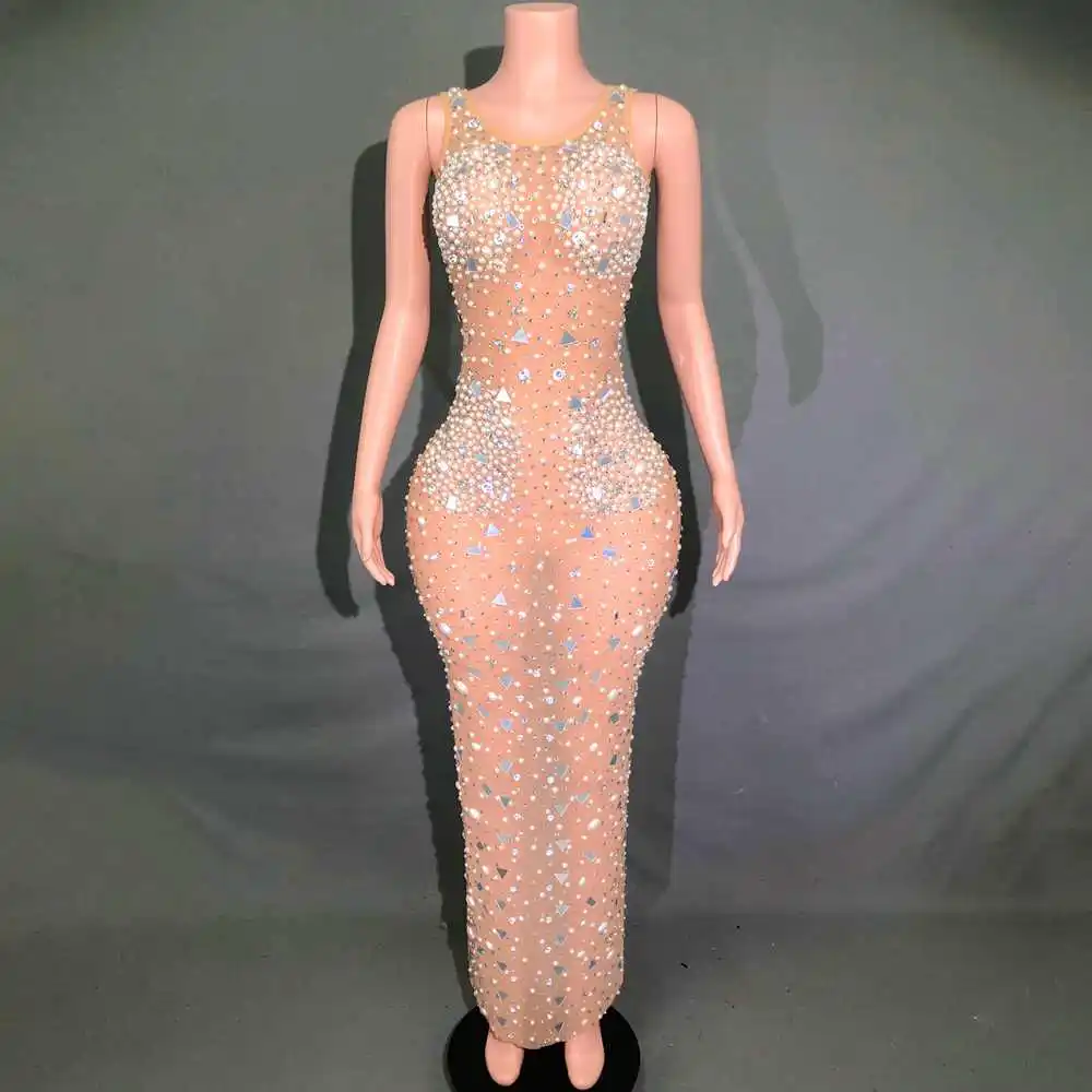 

Sparkly Rhinestones Mirrors Sleeveless Long Dress Women Sexy Transparent Celebrate Evening Prom Birthday Dress Photo Shoot Wear