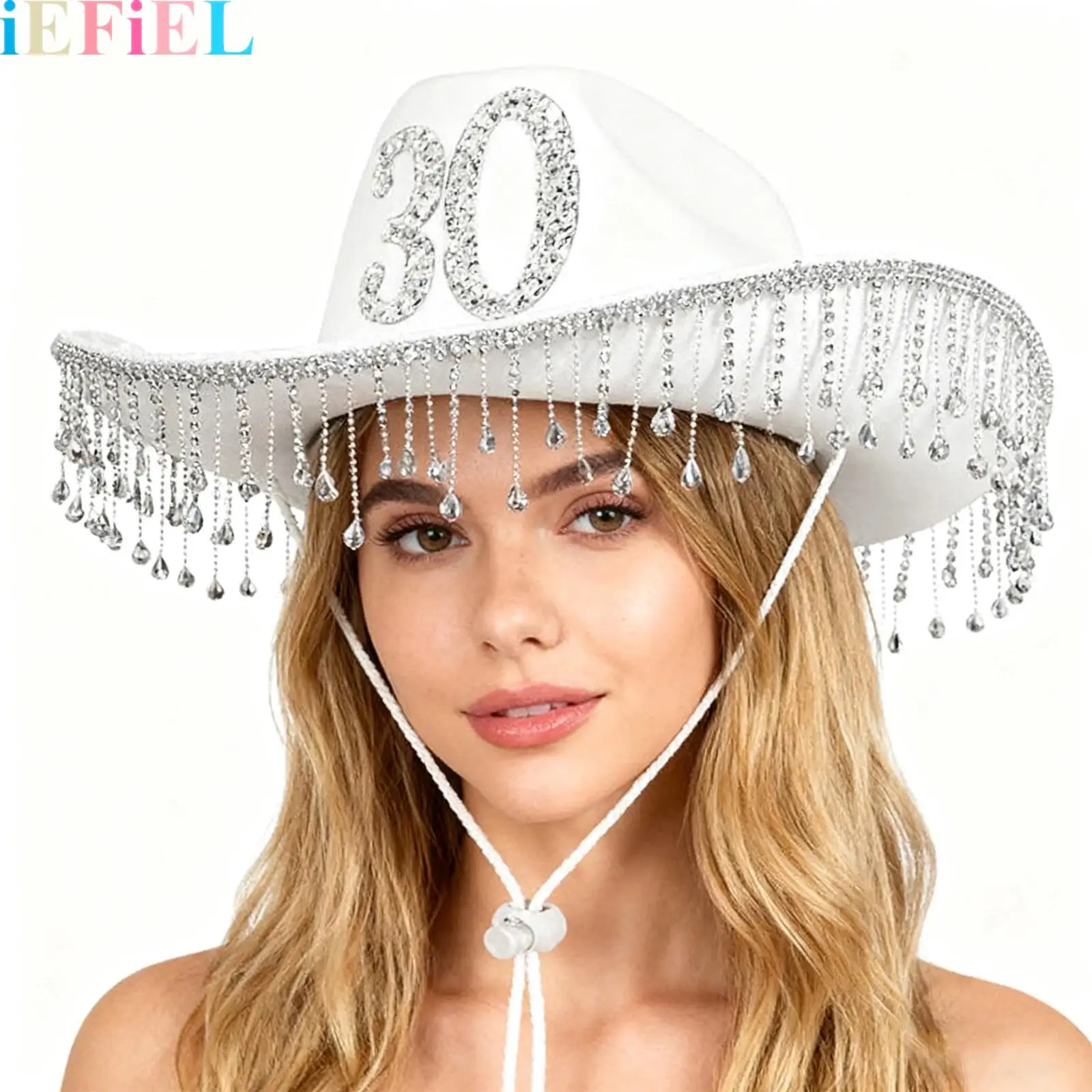 

Women Western Glitter Rhinestone Tassel Decor Cowboy Hat 30 Years Old Birthday Cowgirl Hat