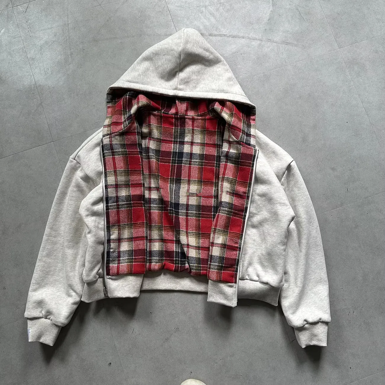 

Reversible Hoodie Unisex Grey & Plaid Two Sided Zip Up Loose Fit American Streetwear Y2K Harajuku Hip Hop Goth Couple Sweatshirt