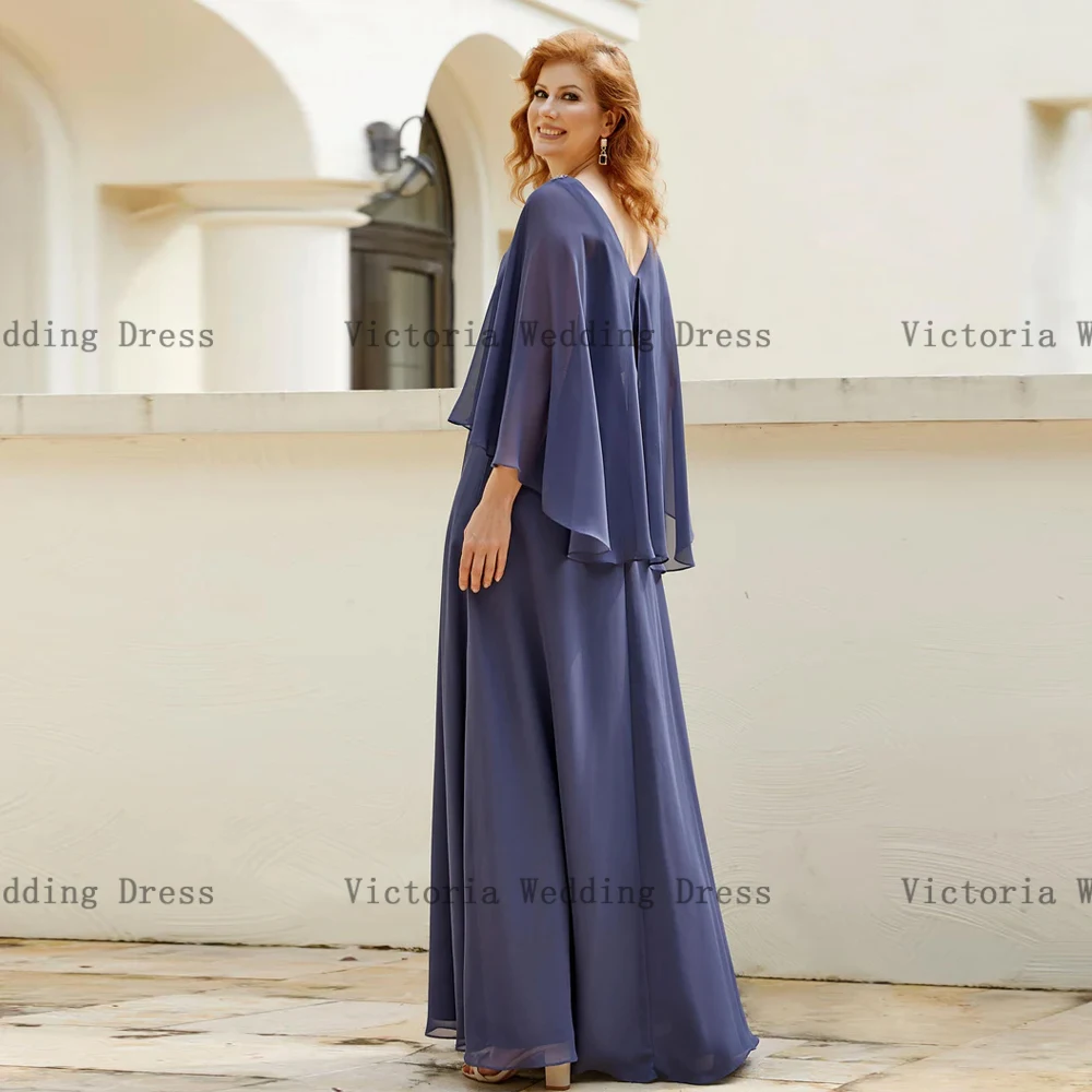 Elegant Navy Blue Mother of the Bride Dresses V Neck A-Line Wedding Party Gowns Beadings Floor Length Chiffon فساتين السهرة