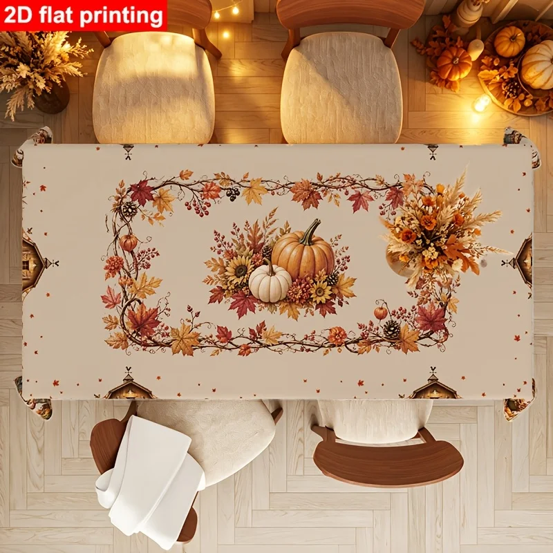 2D flat - Flat Pattern Autumn Harvest Straw Man Farm Tablecloth - Retro Pumpkin Maple Leafzyc