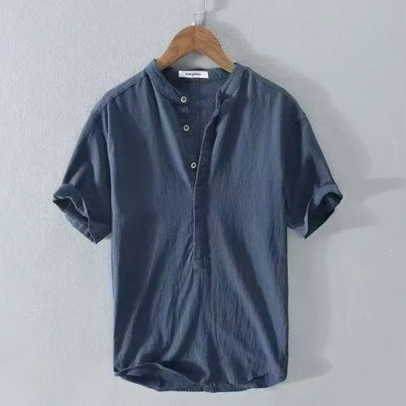 2026 Summer Men's Solid Color Simple Cotton and Linen Short-sleeved Semi-open Shirt Casual T-shirt Loose and Fashionable