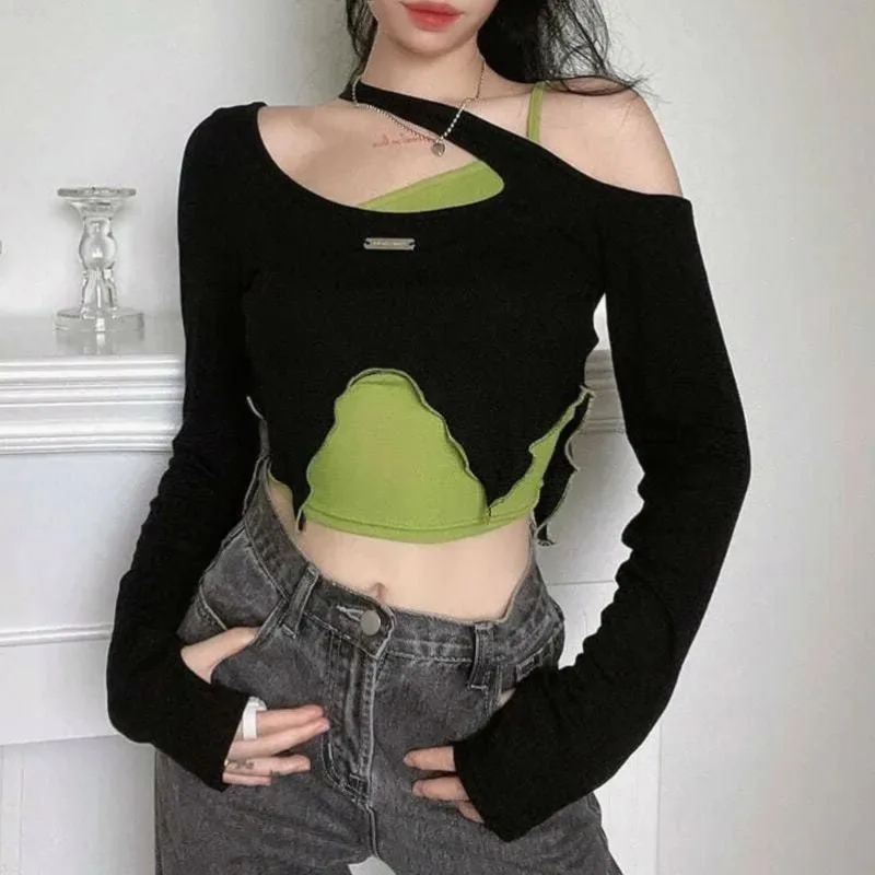 Y2k Vintage T-shirt Egirl Patchwork Crop Tops 2pcs Women Casual Camis T-shirt Streetwear Long Sleeve Lace Up Tee Top Wholesale