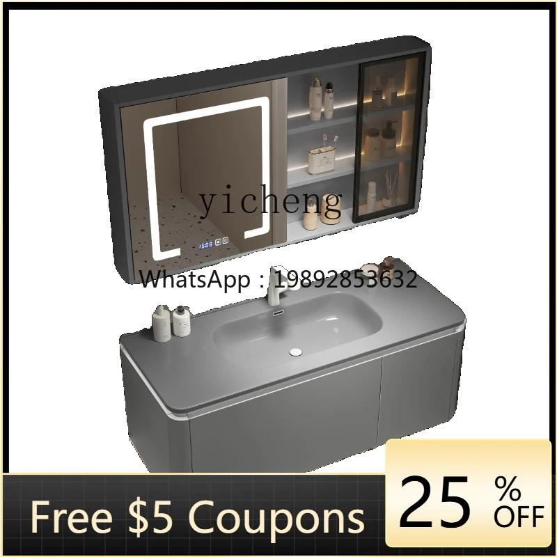

ZZZc Oak Paint Bathroom Cabinet Colorful Ceramic Whole Washbin Wash Basin Smart Mirror Cabinet