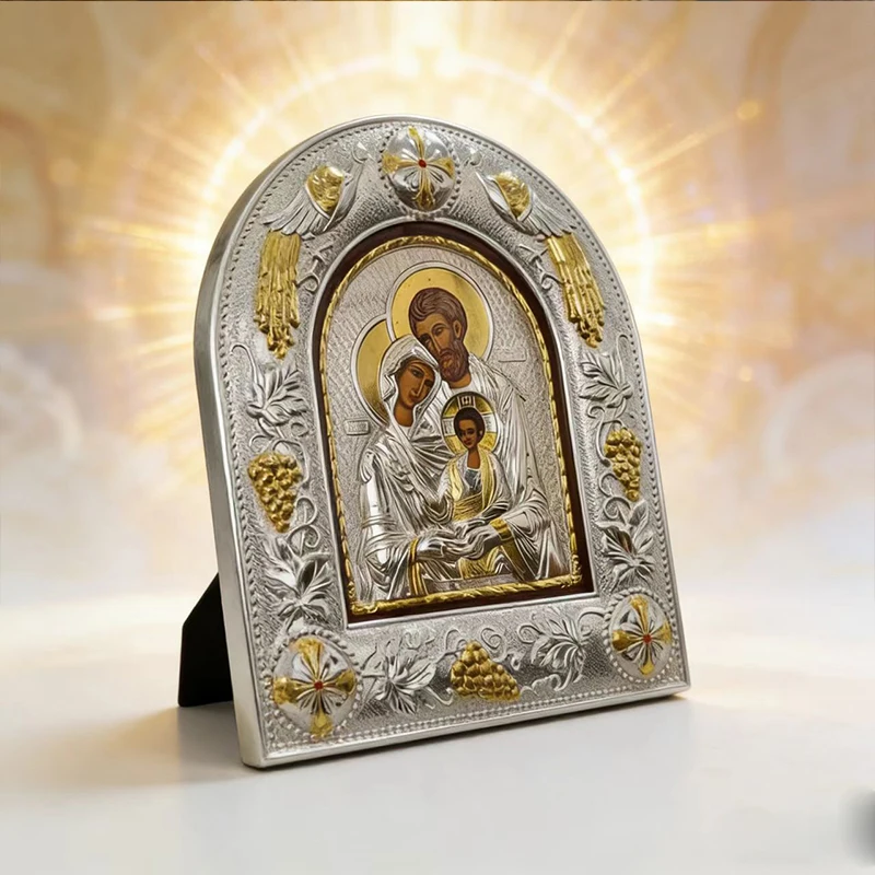 Silver Gold Plated Orthodox Holy Family Icon with Embossed Arch Frame for Church Liturgy Home Altar Prayer Devotion Christian