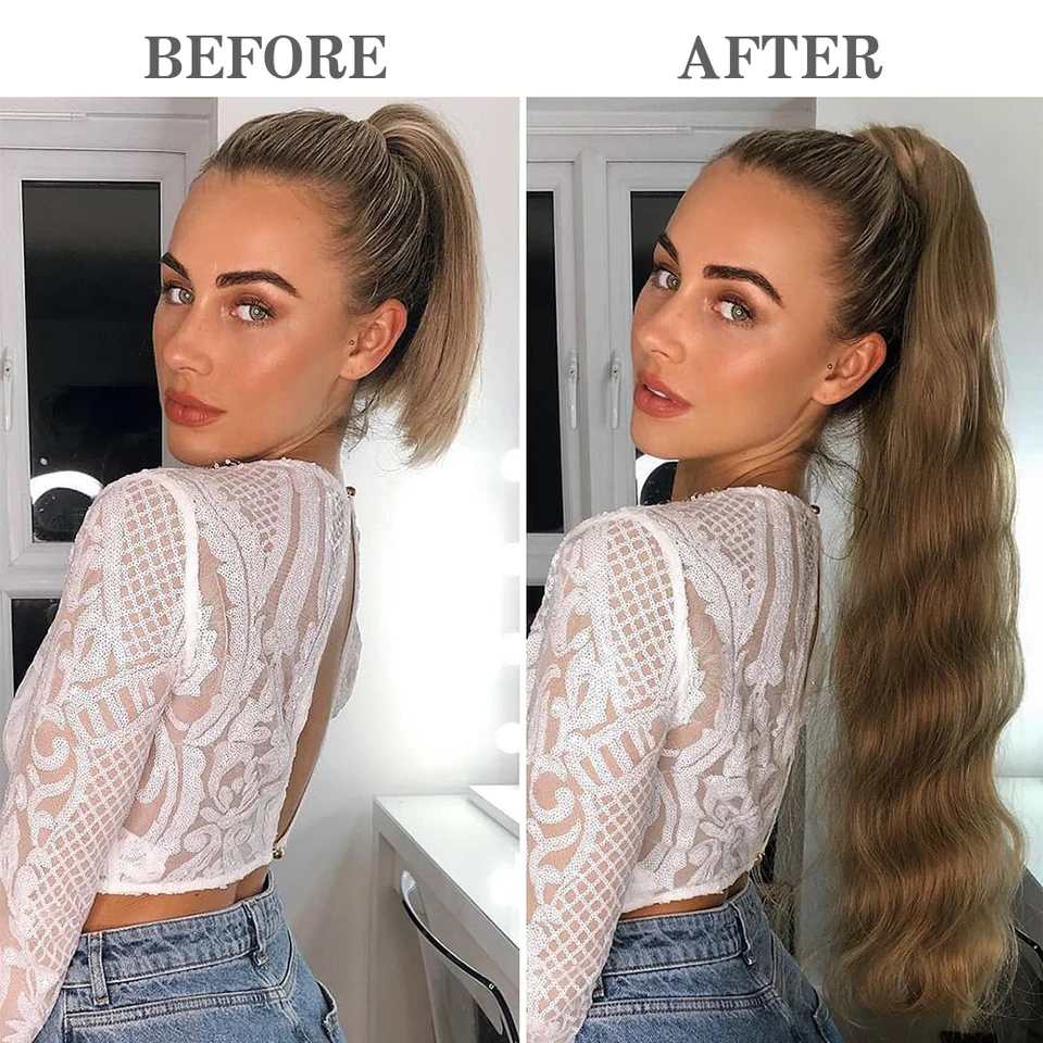 Extensión de cola de caballo sintética larga, onda Hollywood, cola de caballo envolvente, onda corporal con clip, rubia para mujer 4
