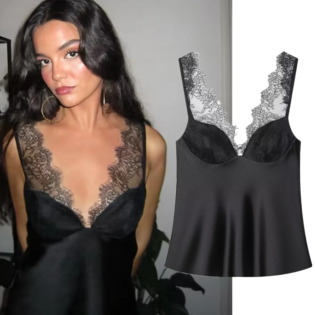 

Jenny&Dave French Fashion Lady Elegant Lace Patchwork Satin Shirt Sexy V-neck Blouses Women's Clothes Party Shirts Tops