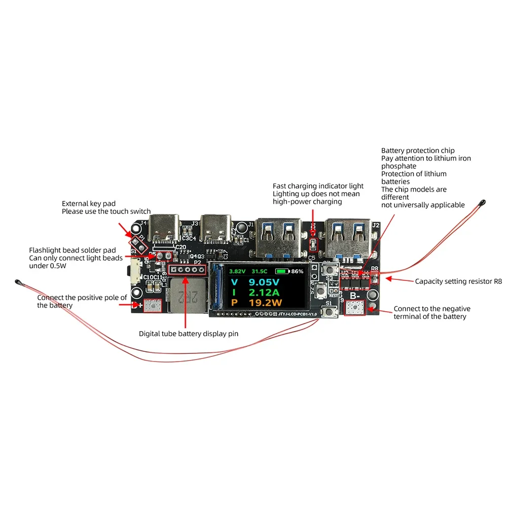 22,5W DIY Tragbares Powerbank-Mainboard mit 0,96 Zoll TFT-Farbdisplay, PD-Multi-Protokoll-Schnellladung für Elektronische Komponenten – Detail 12