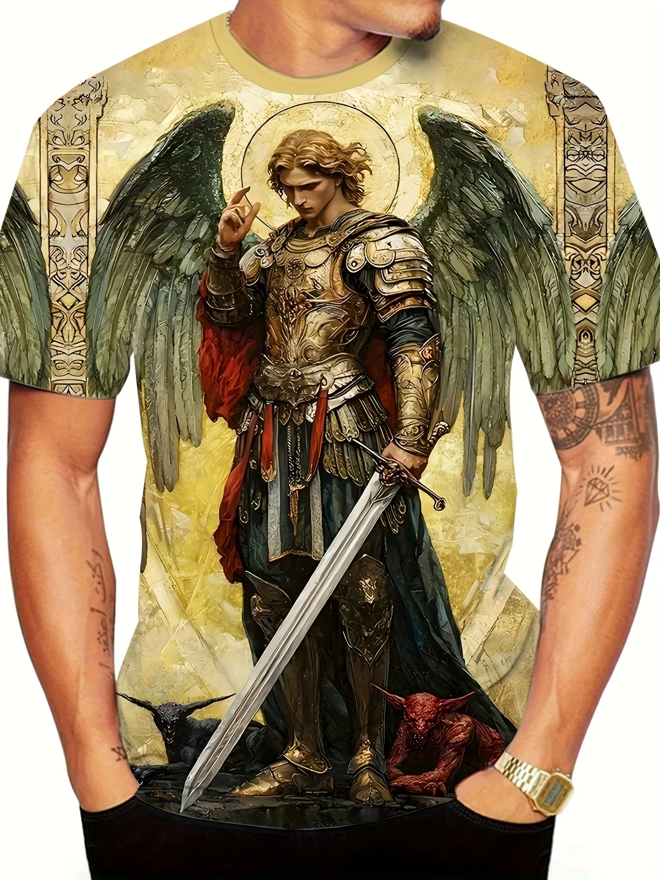 Men's Crew Neck Tee 3D Archangel Saint Michael Sword Demon Vintage Art Print Casual Tops