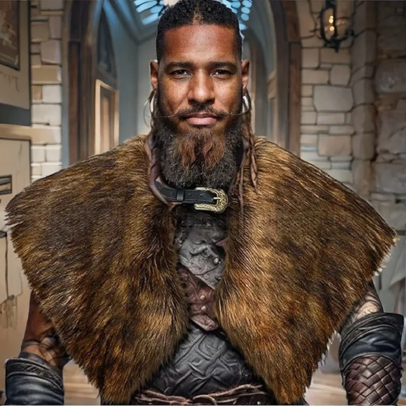 Halloween Fur Collar Winter Clothing King Warrior Cloak Viking Fur Shawl Medieval Warrior Artificial Fur Cloak Cosplay Costume - view 5