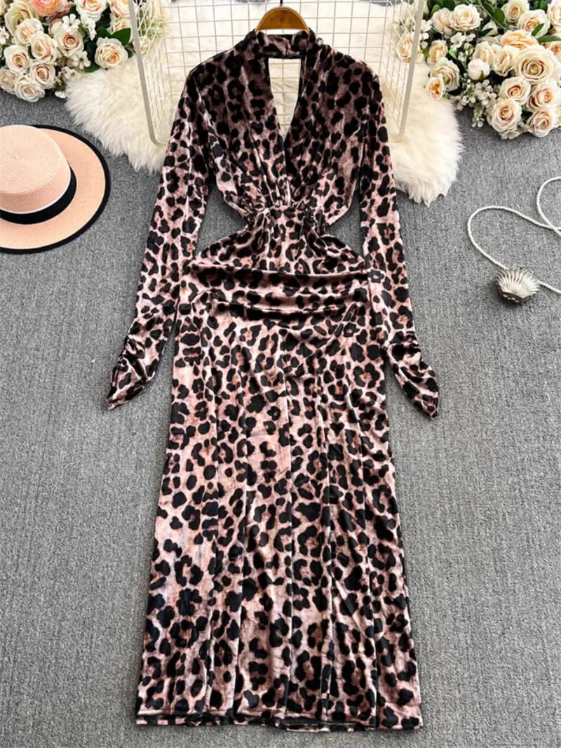 Sexy Leopard Print Wrap Dress For Women 2024 Autumn Vintage Backless V-Neck Waist Slimming Bubble Long Sleeved Dress k2646