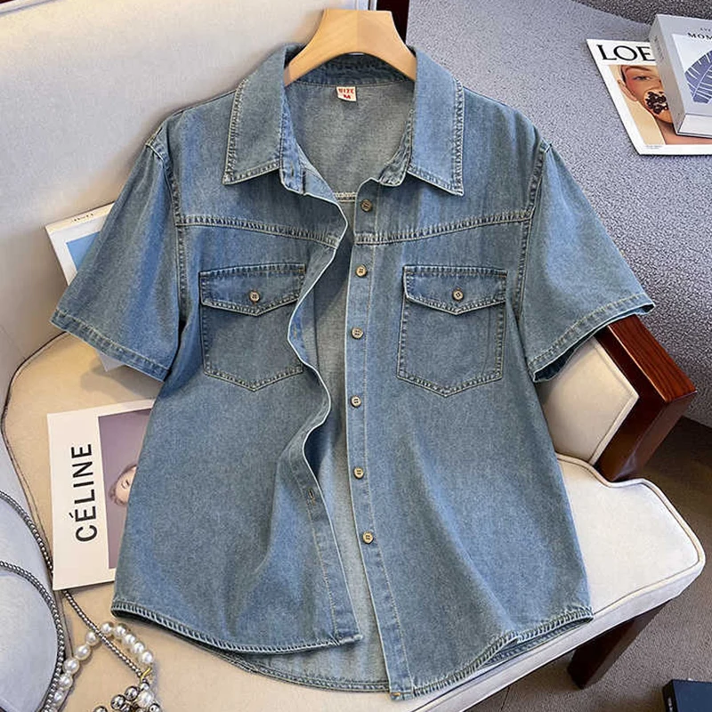 Retro Denim Shirt For Women Summer Lapel Single Breasted Short Sleeved Jacket Fashion Versatile Blue Female Casual Shirts