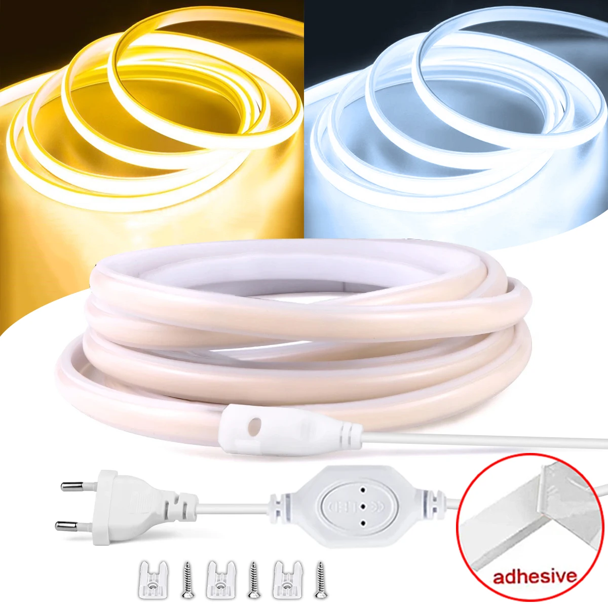 220V Cob LED Strip Light High Brightness Waterproof With EU Power Warm/Neutral/White for Room Kitchen Outdoor Garden Lighting