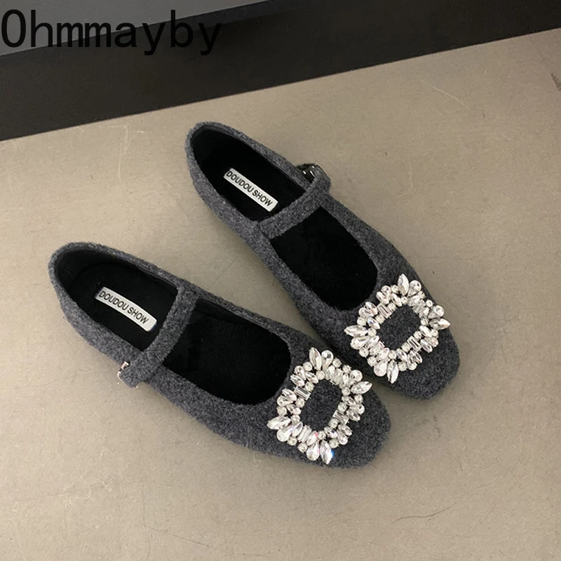 Winter Designer Crystal Women Woolen Mary Jane Shoes Outdoor Comfort Soft Sole Flats Shoes Zapatos De Mujer