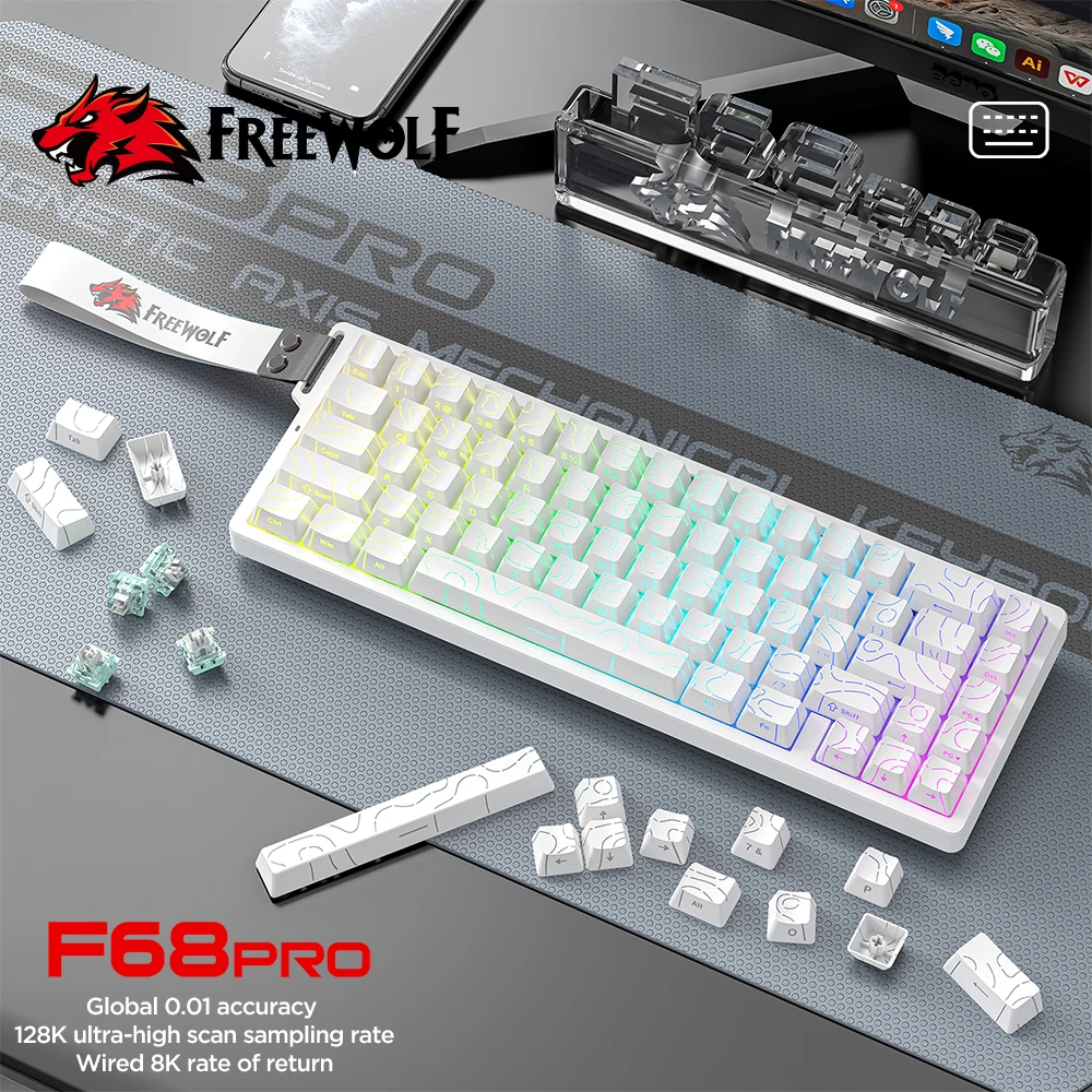 FREEWOLF F68PRO 8K Keyboard Mekanis Bea Cukai, Sakelar Magnetik, Kecepatan Pemindaian 128K, Akurasi RT 0.01Mm, Keyboard Gaming RGB