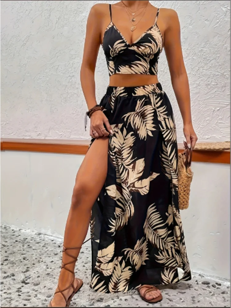 Elegant Deep V-neck Dress Women Summer Sleeveless Printed Vest Skirt Set Sexy High Slit Trend Dresses