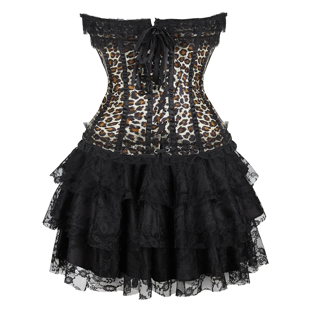 Sexy Satin Lace Leopard Overbust Corset Lingerie Top Vintage Bustier With Mini Tutu Skirt Victorian Striped Corset Dress Gowns