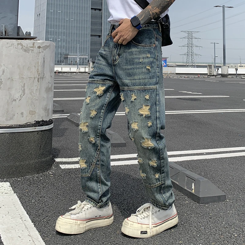 Autumn Men's Star Hole Cargo Denim Pants Loose Straight Leg Jeans Trousers High Street Workwear Denim Pants Y2K Streetwear