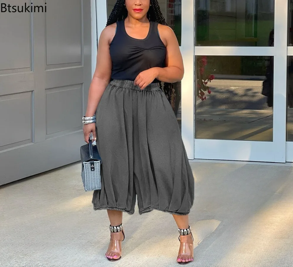 Women Harem Cargo Wide Leg Jeans Calf Length Elastic Waist Loose Safari Style Denim Pants Hip Hop Streetwear Vintage Trousers