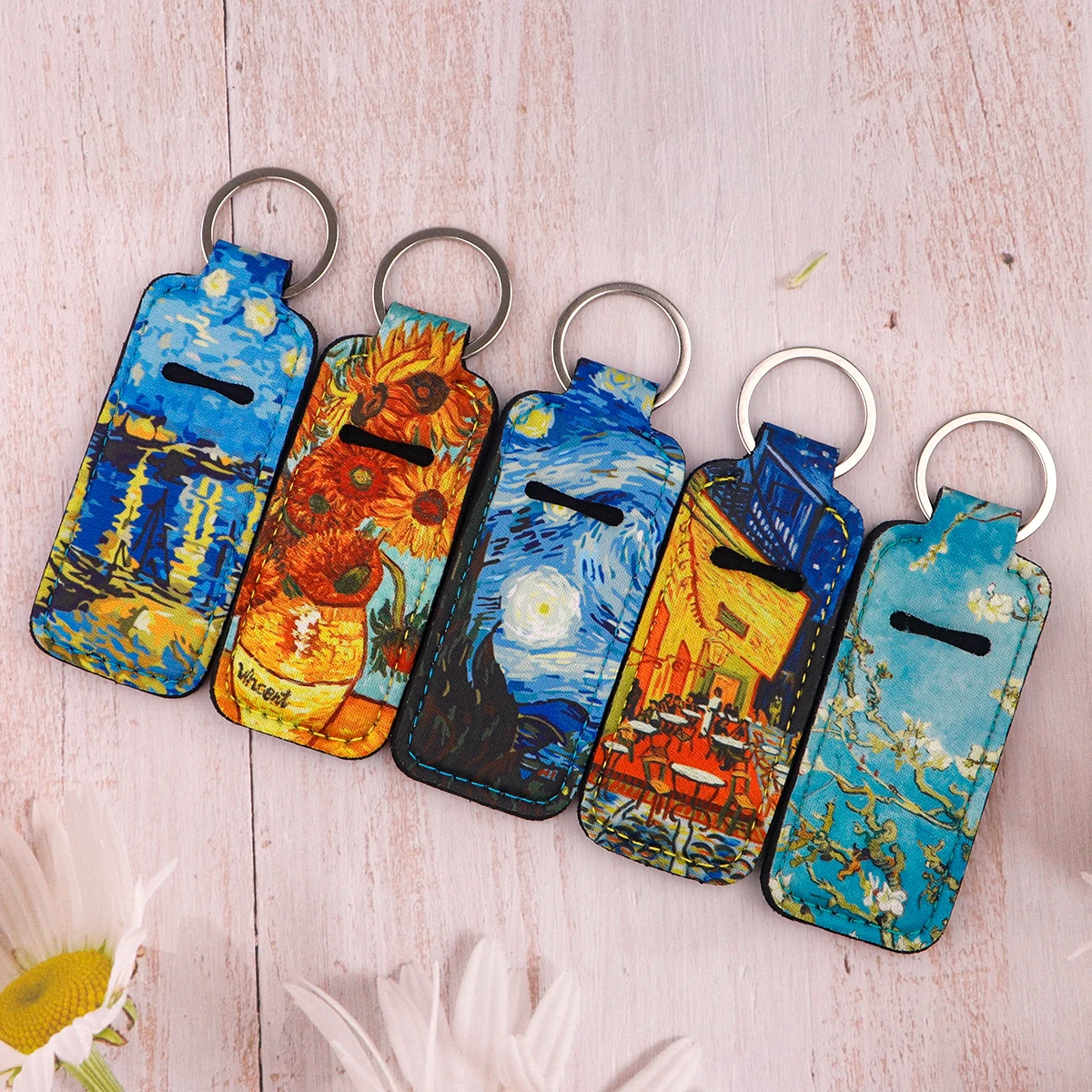 Van Gogh Paintings Clip on Lipstick Holder Keychain Print Fancy Keyring Trendy Lip Balm KeyChain Bag Charms Travel Accessories