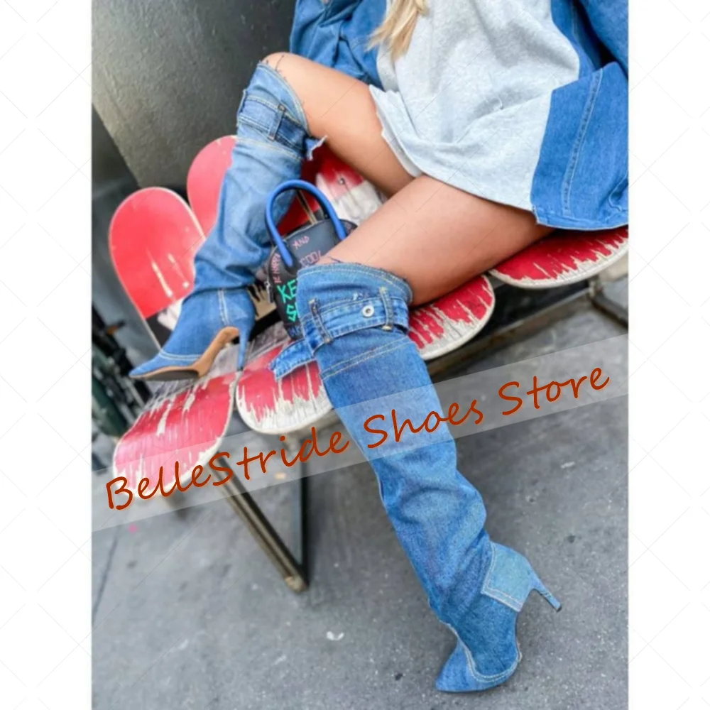

Blue Demin Pointed Toe Boots Fashion Women Shoes Stilettos High Heels Party Banquet Dating 2025 Zapatos Para Mujere