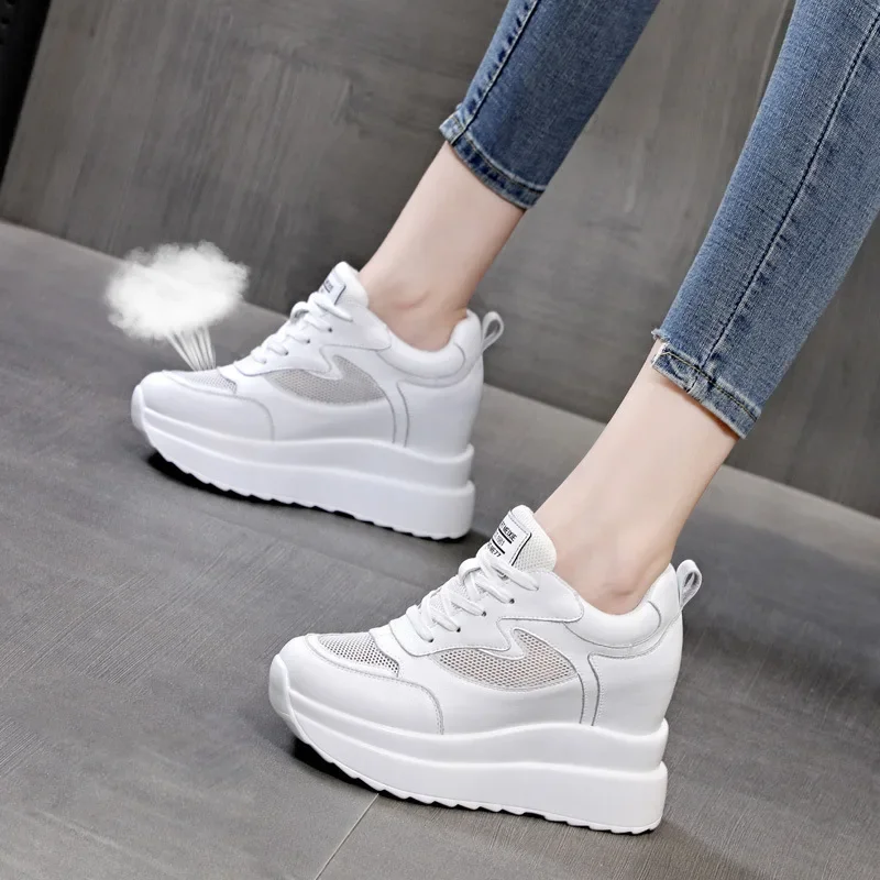 Wedge Heels Women Sneakers Leather Walking Shoes Internal Height Increase 10cm Female Casual Shoes Autumn New Women Shoes Plush