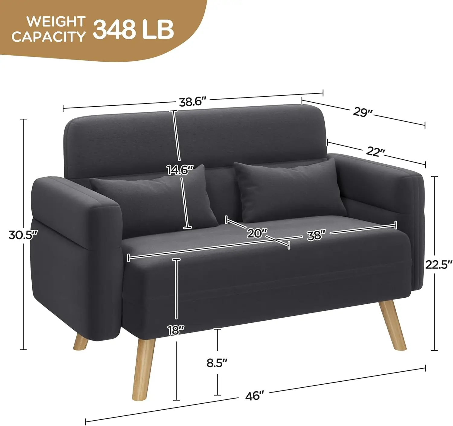 Modern Fabric Sofa Loveseat Mid Century 2 Seater Sofa Couch with Lumbar Pillows, Solid Wood Legs for Living Room, Small Space, D