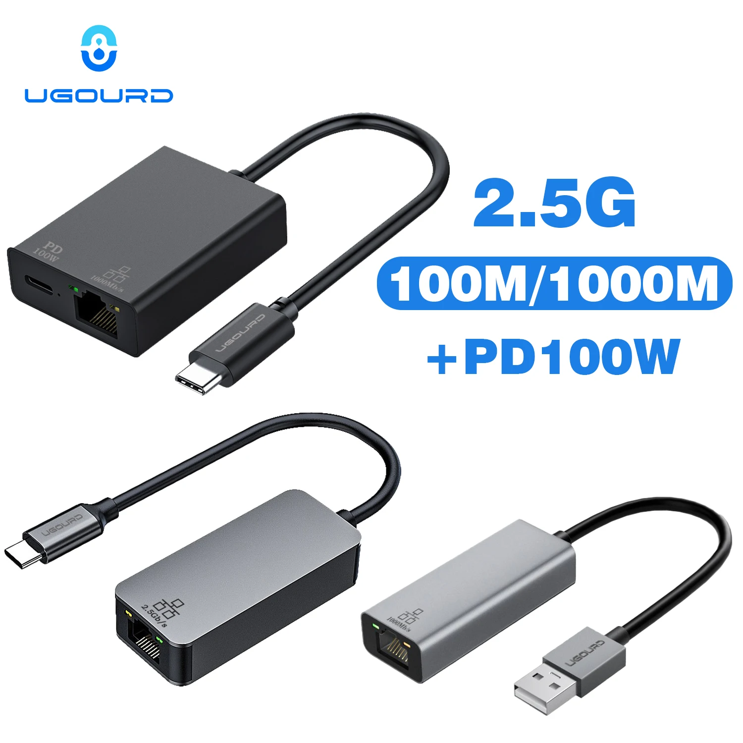 UGOURD adaptor Ethernet USB C, konverter kabel Lan 100Mbps 1000Mbps dengan pengisi daya 100W USB3.0 2.5 kartu jaringan Gigabit USB ke RJ45 Lan