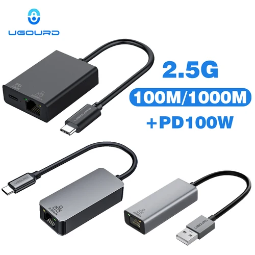 UGOURD 100Mbps 1000Mbps USB C adaptador Ethernet con carga 100W USB3.0 2,5 Gigabit tarjeta de red USB a RJ45 convertidor de Cable Lan