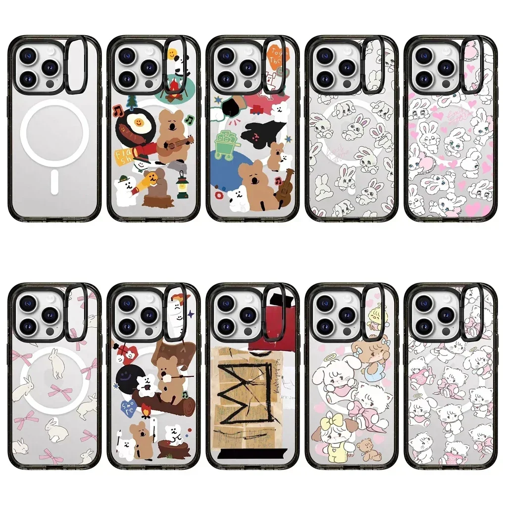 

Creative Cartoon Folding Lens Ring Stand Acrylic Border Protective IPhone Case Cover for 16 15 14 13 12 Pro Max Case